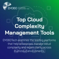 A gradient blue-to-green graphic featuring the EM360 logo in the top left and a faint line-art cloud with a cog in the background. The headline “Top Cloud Complexity Management Tools” appears prominently in white, with a subheading explaining that EM360Tech examines leading platforms that help enterprises manage cloud complexity across multicloud environments.