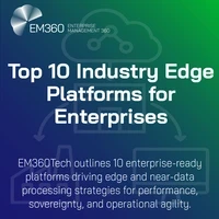 “EM360Tech visual banner with title ‘Top 10 Industry Edge Platforms for Enterprises’. Subheading reads: ‘EM360Tech outlines 10 enterprise-ready platforms driving edge and near-data processing strategies for performance, sovereignty, and operational agility’. Background includes a faint network diagram showing a cloud, data centre, and connected devices.”