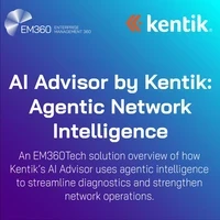 A gradient background graphic featuring the EM360Tech and Kentik logos with the title “AI Advisor by Kentik: Agentic Network Intelligence” and a subtitle explaining that the solution overview explores how Kentik’s AI Advisor uses agentic intelligence to streamline diagnostics and strengthen network operations.
