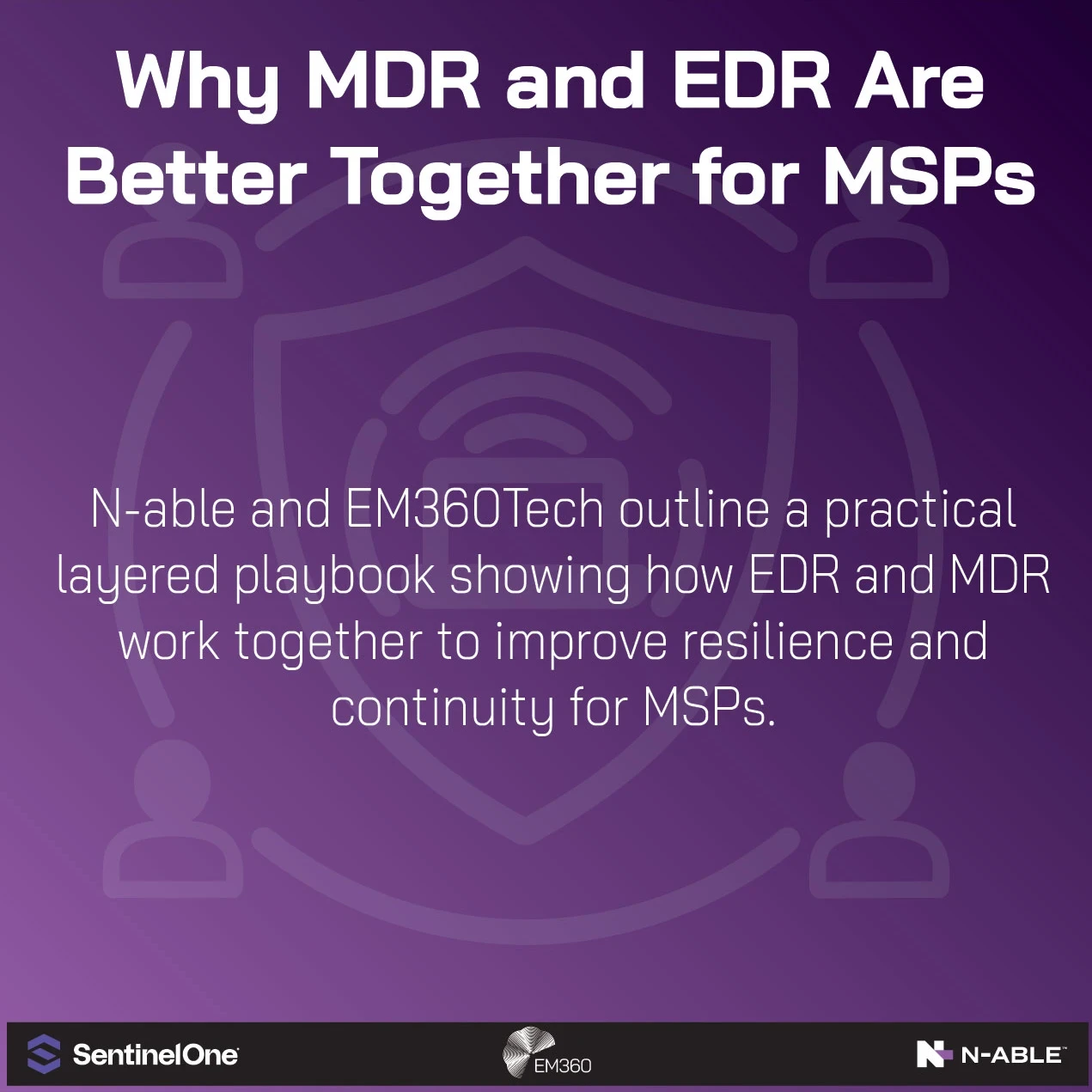 Header graphic with a purple gradient background featuring the EM360 and N-able logos. The main text reads: “Why MDR and EDR Are Better Together for MSPs.” The subtext says: “N-able and EM360Tech outline a practical layered playbook showing how EDR and MDR work together to improve resilience and continuity for MSPs.” A faint shield and network icon pattern appears in the background.