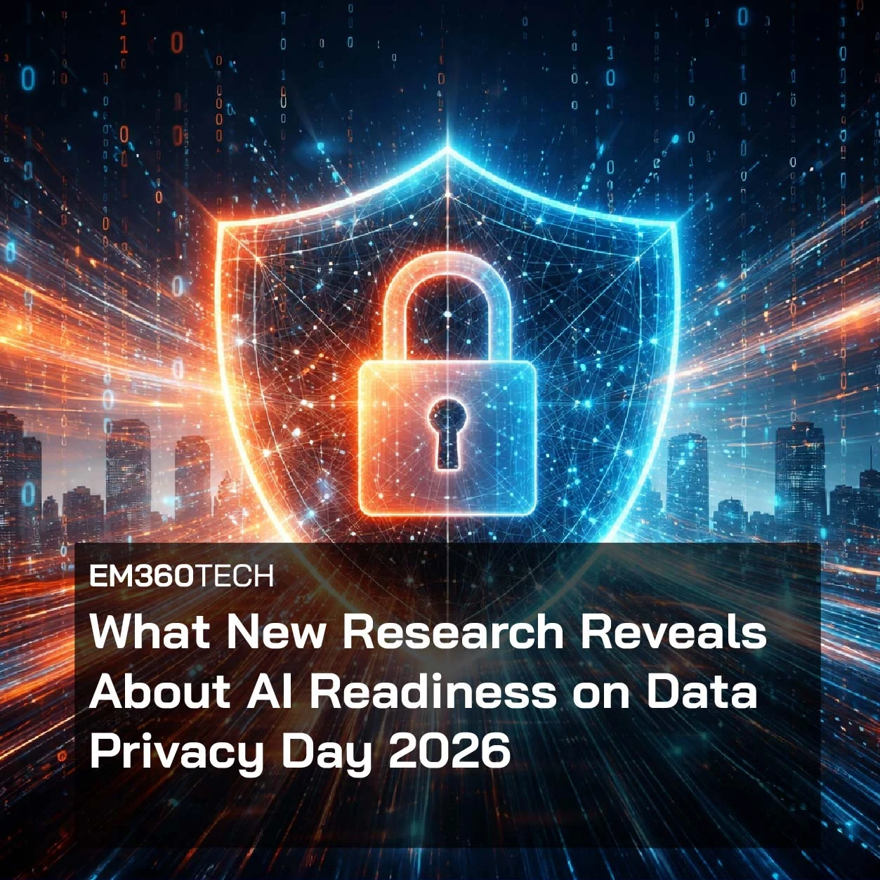 Futuristic digital illustration showing a glowing padlock inside a blue and orange data shield formed from streaming binary code over a dark city skyline. Overlaid text reads “EM360Tech: What New Research Reveals About AI Readiness on Data Privacy Day 2026”.