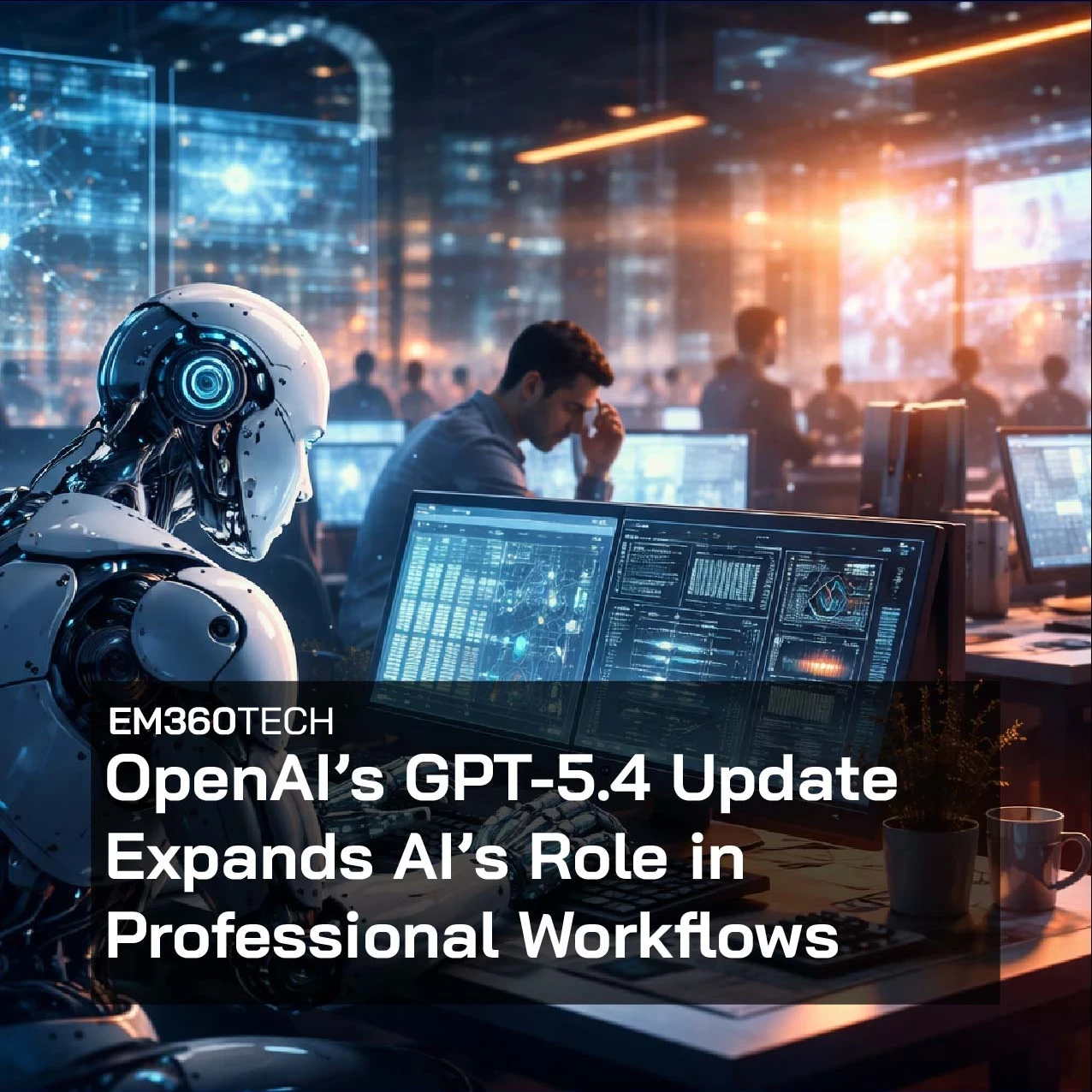 Header graphic showing a humanoid robot analysing data on multiple computer screens in a busy office while human workers sit at nearby desks. Overlaid text reads: “EM360Tech — OpenAI’s GPT-5.4 Update Expands AI’s Role in Professional Workflows.”