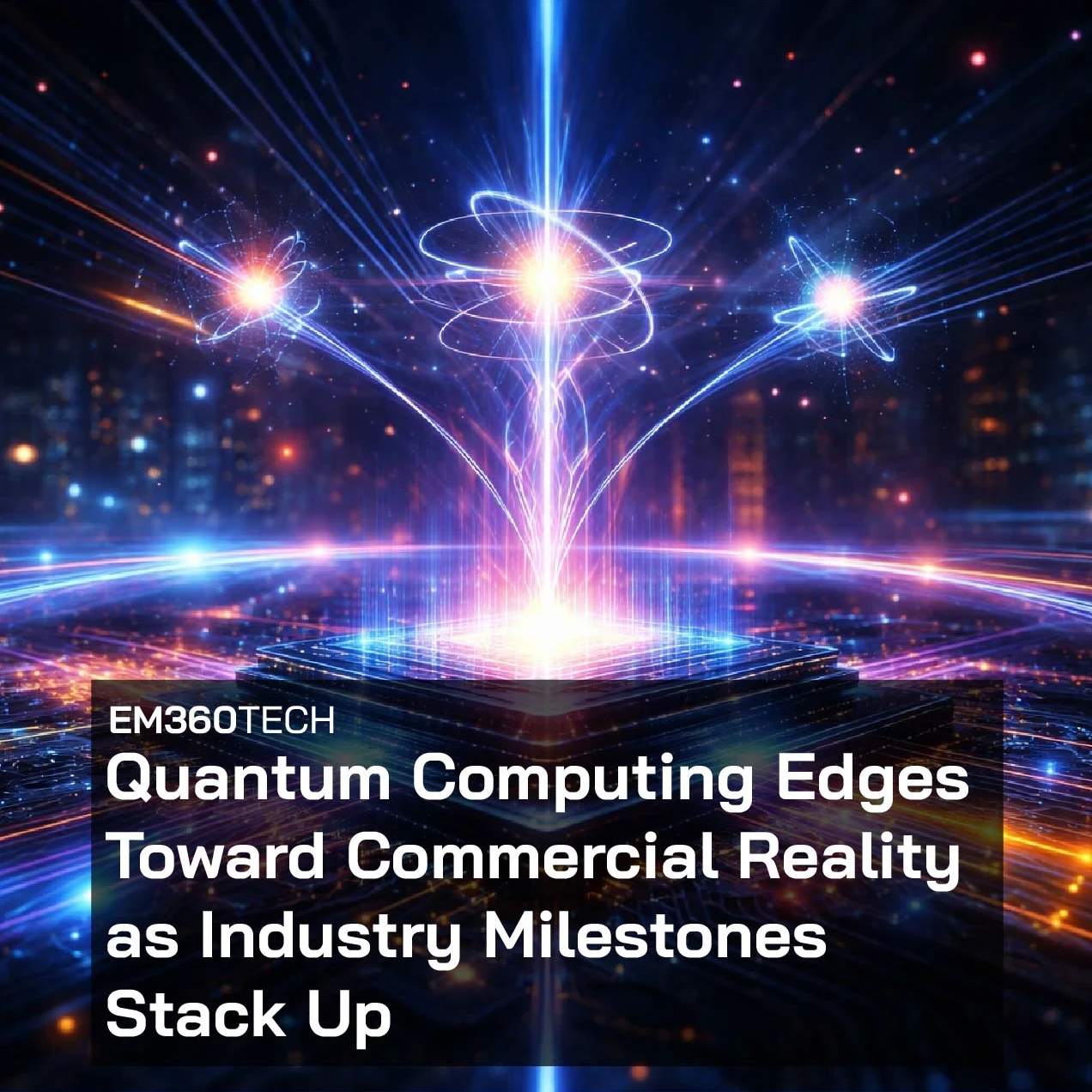 Header graphic showing a futuristic quantum computing visual with glowing entangled particles and a luminous processor chip emitting beams of light across a digital circuit background. Overlaid text reads: ‘EM360Tech – Quantum Computing Edges Toward Commercial Reality as Industry Milestones Stack Up.