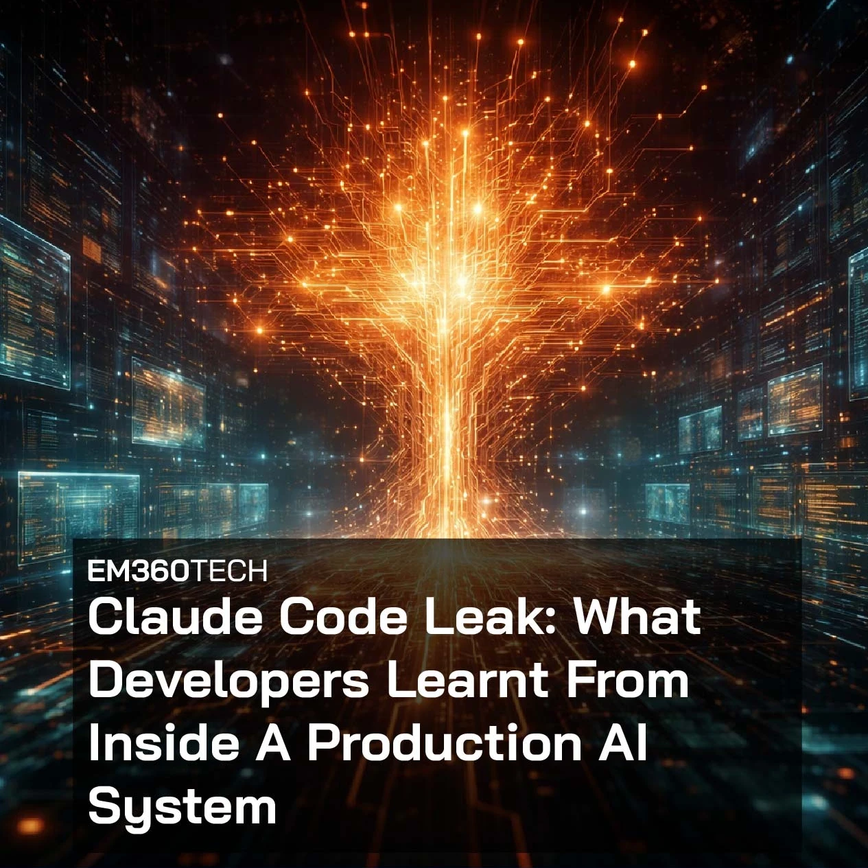 Dark, futuristic data centre scene with glowing orange neural network or circuitry at the centre, surrounded by screens of code. Overlaid text reads “EM360TECH” and “Claude Code Leak: What Developers Learnt From Inside A Production AI System.”