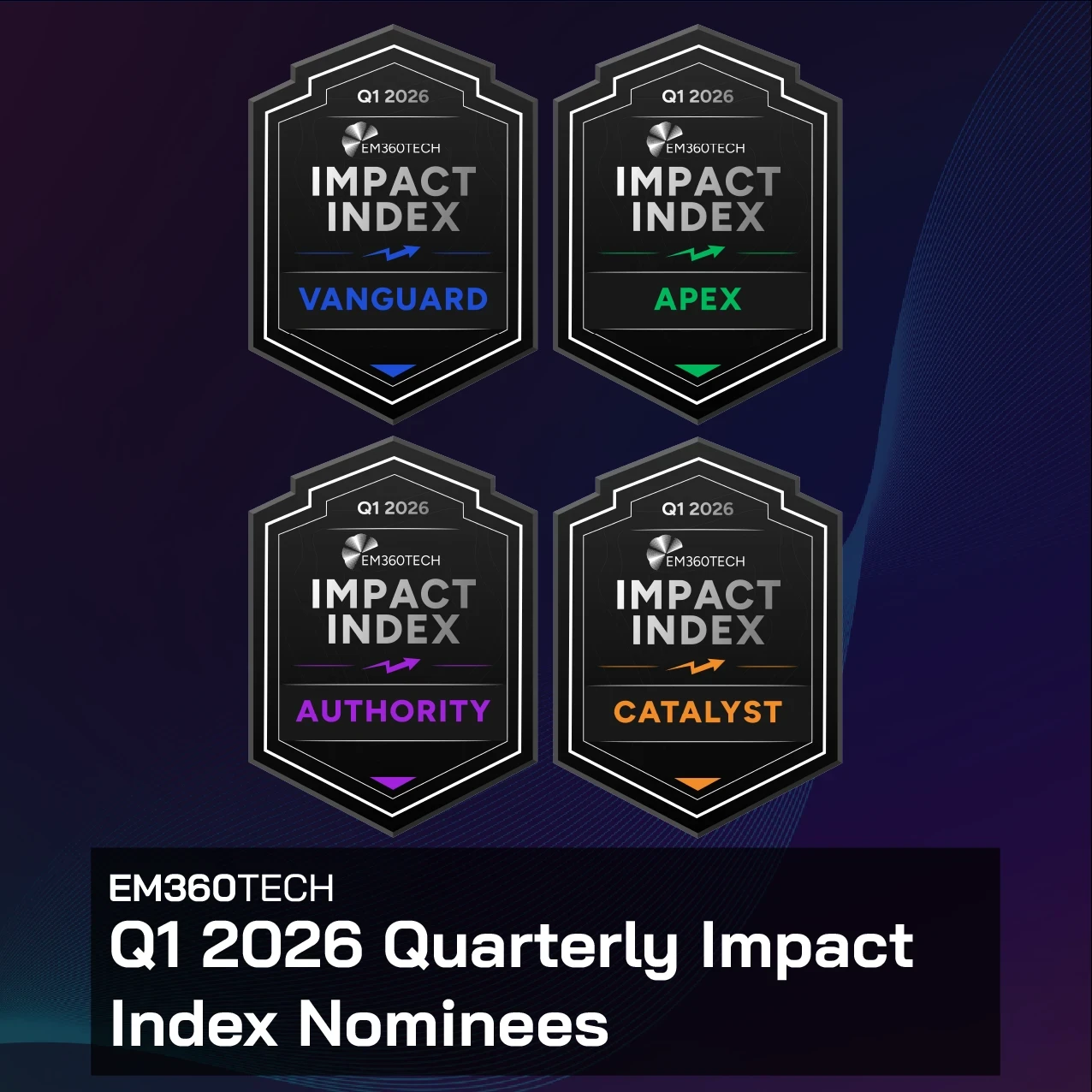 Graphic showing four EM360Tech Impact Index award badges for Q1 2026 labelled Vanguard, Apex, Catalyst, and Authority, above the heading “EM360Tech Q1 2026 Quarterly Impact Index Nominees” on a dark gradient background.
