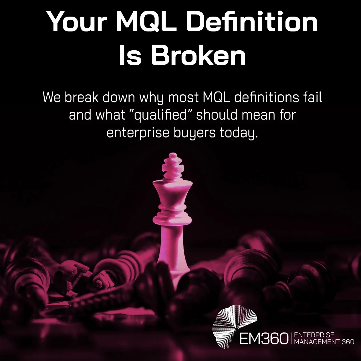 Header image with the text “Your MQL Definition Is Broken” and “We break down why most MQL definitions fail and what ‘qualified’ should mean for enterprise buyers today.” The image shows a glowing pink chess king standing upright among fallen black chess pieces on a dark board, with the EM360 Enterprise Management 360 logo in the bottom right corner.