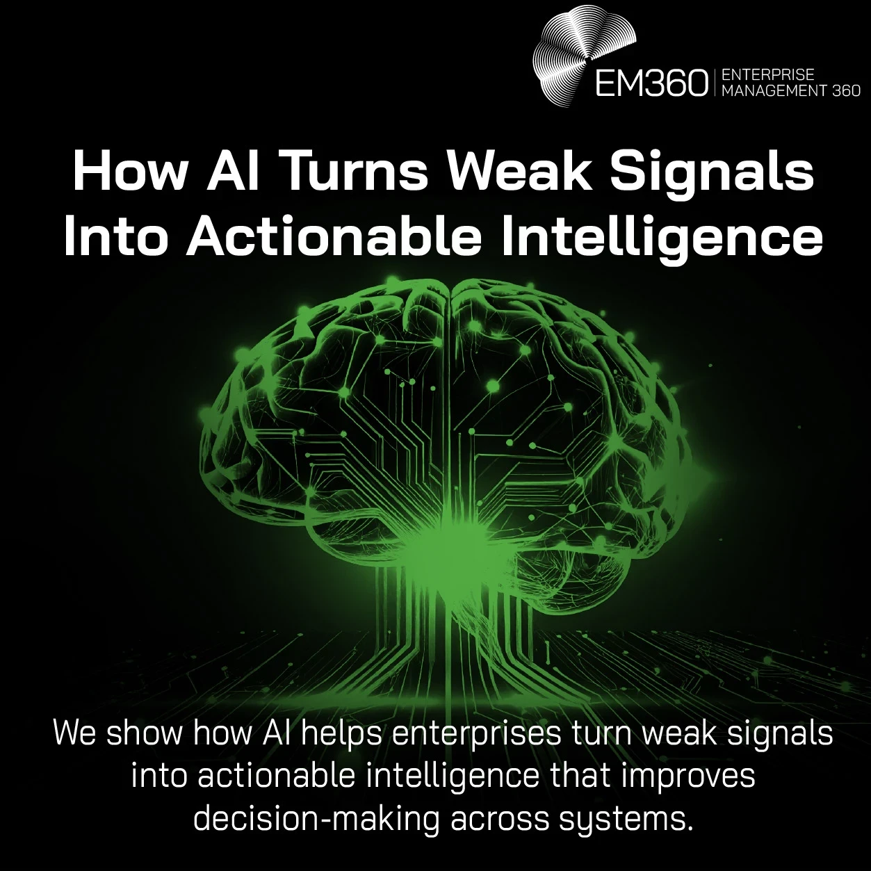 Header graphic for an EM360Tech article titled “How AI Turns Weak Signals Into Actionable Intelligence.” The design features a glowing green digital brain made of circuitry on a black background, symbolising artificial intelligence, pattern recognition, and connected data systems. The EM360 logo appears in the top right corner. Subtitle text reads: “We show how AI helps enterprises turn weak signals into actionable intelligence that improves decision-making across systems.”