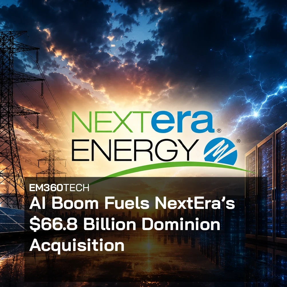 Header graphic for EM360Tech article about NextEra Energy’s Dominion acquisition. The image shows a dramatic energy and AI infrastructure scene with power lines, wind turbines, solar panels, lightning, and a large data centre server hall under a stormy sky. The NextEra Energy logo appears in the centre background. Overlaid text reads: “AI Boom Fuels NextEra’s $66.8 Billion Dominion Acquisition” with EM360Tech branding in the top left corner.