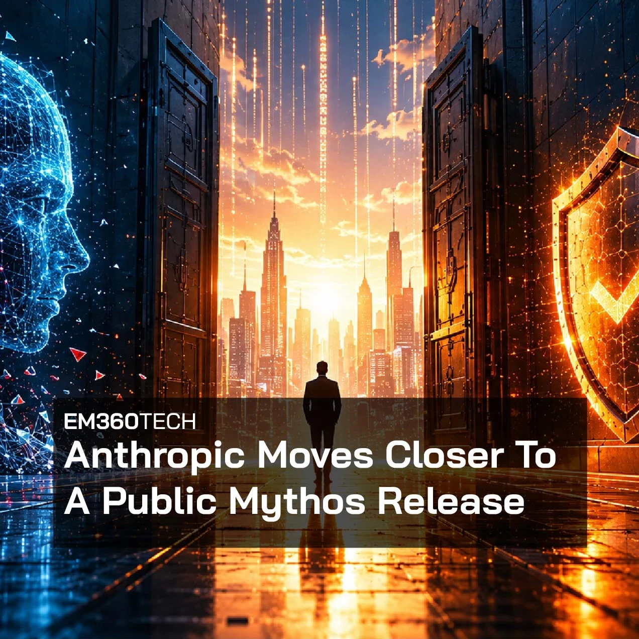 EM360Tech header graphic featuring the title “Anthropic Moves Closer To A Public Mythos Release” in large white text over a dark futuristic corridor. A glowing blue digital human profile made of interconnected data points appears on the left, while a large illuminated orange cybersecurity shield with a checkmark appears on the right. Open doors reveal a bright city skyline and streams of vertical data light in the background. A lone silhouetted figure stands in the centre of the corridor, reflected on the g
