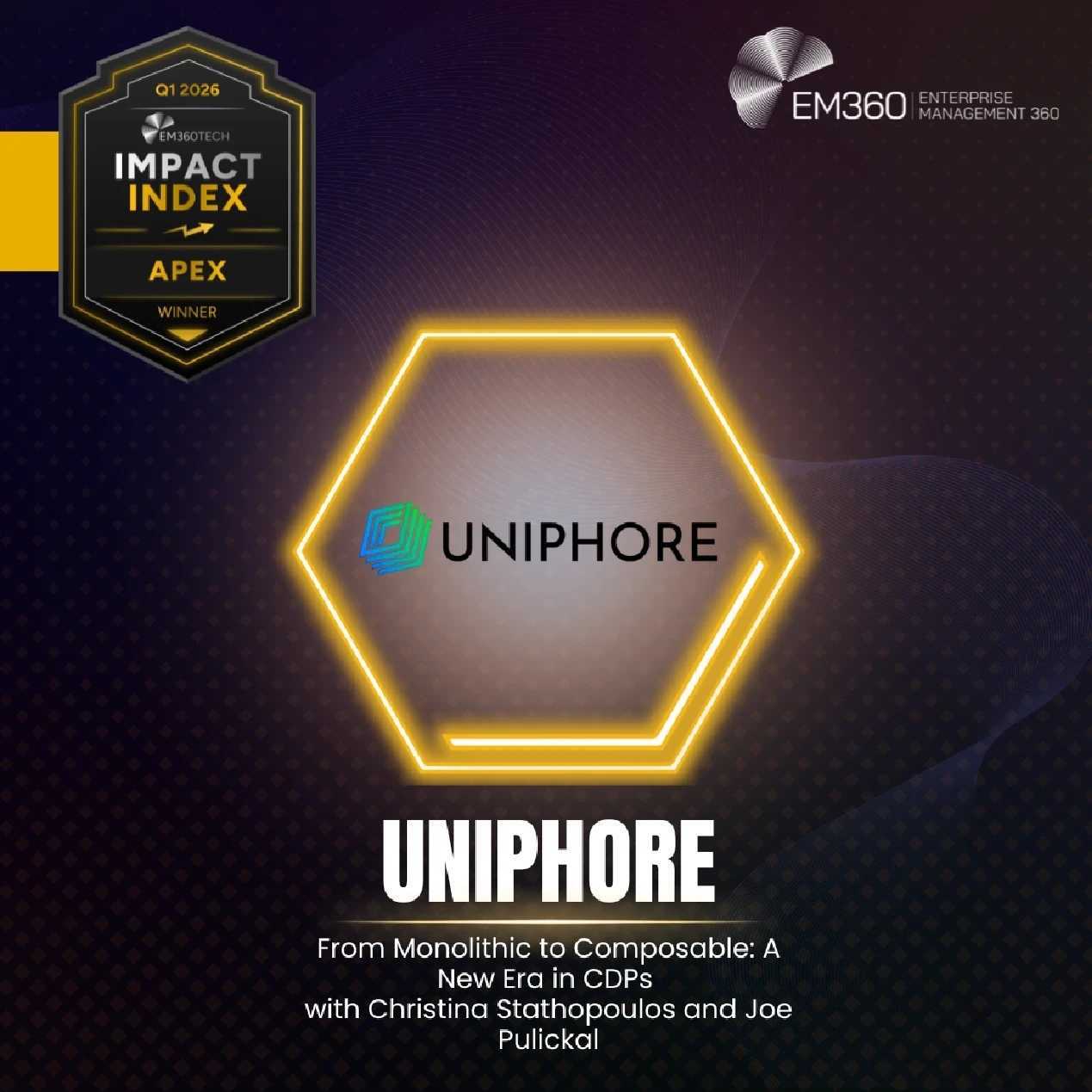 EM360Tech Impact Index Q1 2026 Apex Award winner graphic showing Uniphore logo inside a highlighted hexagon, labelled “Apex Winner,” with the podcast title “From Monolithic to Composable: A New Era in CDPs” and EM360Tech branding on a dark gradient background.