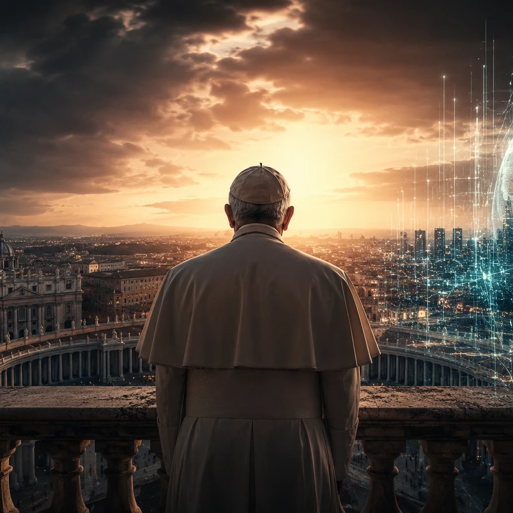 Header graphic showing Pope Leo XIV from behind, standing on a balcony overlooking Rome at sunset. St Peter’s Basilica appears on the left beneath dark storm clouds, while a glowing digital globe made of interconnected data points and network lines fills the right side of the image. The scene contrasts traditional religious authority with modern technology and artificial intelligence, with the article title "What Everyone Is Missing About Pope Leo's Warning on Technology" displayed across the centre.