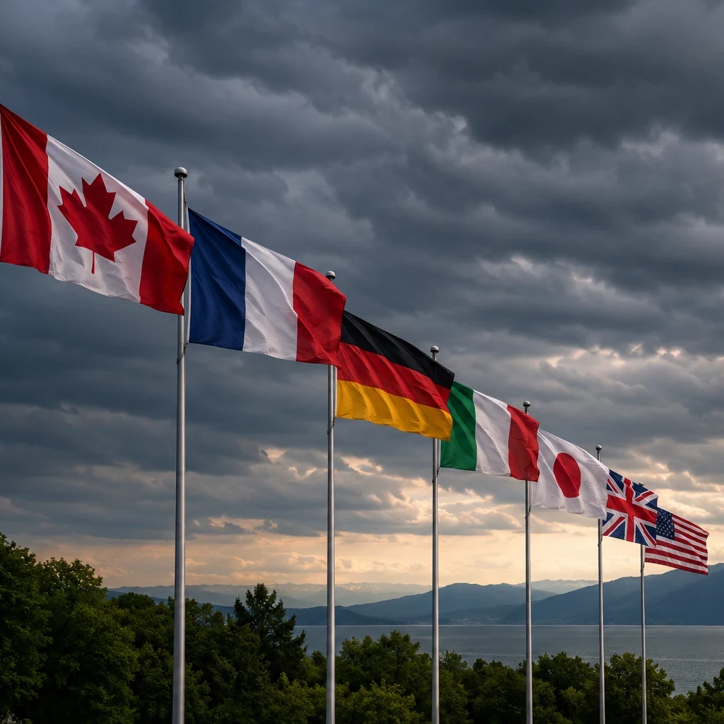 Banner image for news article about G7 summit showing various countries flags.
