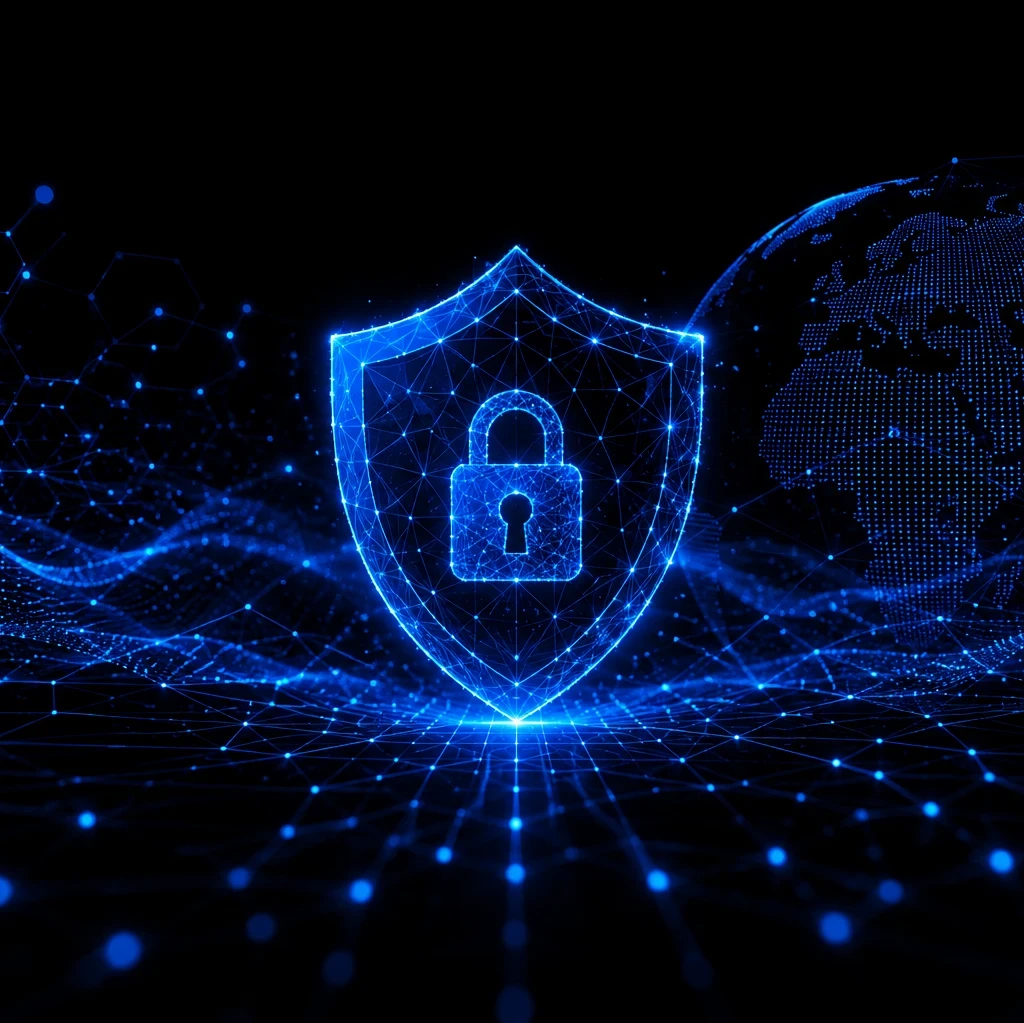 Header graphic for the article "Enterprise Security Lessons From Infosecurity Europe 2026" showing a glowing blue digital shield with a padlock at its centre, surrounded by interconnected network lines and a digital globe on a black background. The EM360 logo appears in the top right, with the subtitle: "We look at how the biggest themes from Infosecurity Europe 2026 reveal where enterprise security is heading next."