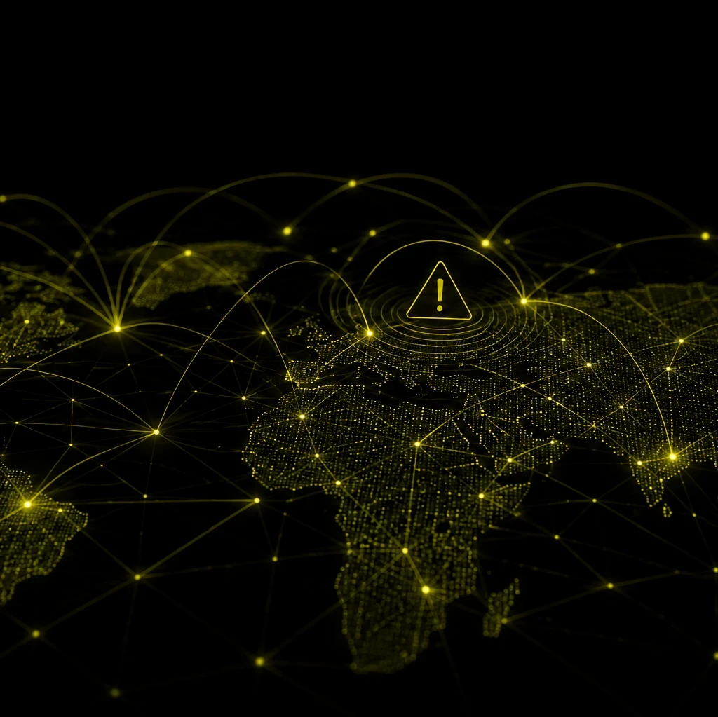 EM360Tech header graphic showing a global digital network map on a black background with olive-coloured connection lines and nodes. A warning symbol appears within the network, illustrating the risk of digital infrastructure failures spreading across interconnected systems. Text reads: "When Digital Infrastructure Failures Become Business Risks" with the subtitle: "We look at why understanding dependency chains is becoming just as important as preventing infrastructure failures."