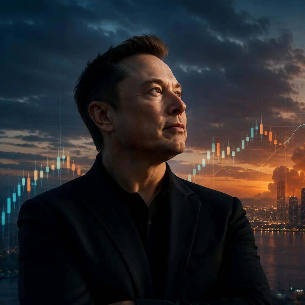 graphic for an EM360Tech article titled “SpaceX IPO Sends Elon Musk Past $1 Trillion.” A large portrait of Elon Musk dominates the left side of the image, looking upward against a dark, dramatic sky. On the right, a rocket launches from a pad with bright orange flames and smoke, rising above a city skyline at dusk. Transparent stock market candlestick charts and trend lines are overlaid across the scene, symbolising financial growth and investor activity. The article title appears in large white text 