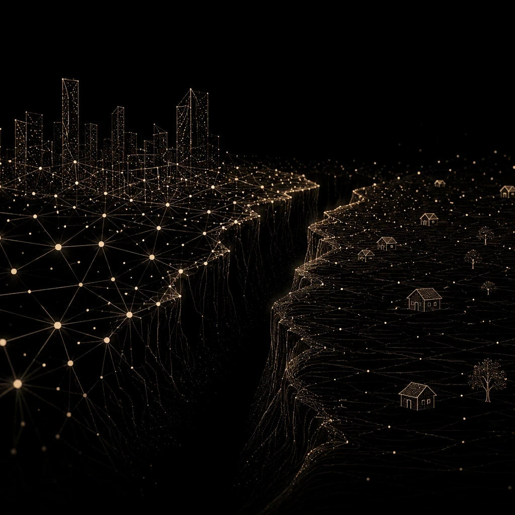 EM360Tech article header showing a connected digital landscape in beige-gold lines and glowing nodes against a black background. A dense, illuminated city skyline on the left is linked through a network grid to scattered homes and rural areas on the right, illustrating unequal digital access and connectivity. The headline reads: “Why Emerging Technology Could Widen The Digital Divide”, with a subtitle explaining how AI, cloud platforms, digital identity, and emerging technologies could create new forms of d