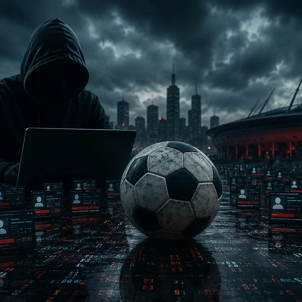 A dark cybercrime-themed illustration showing a hooded figure using a laptop beside a large football in the foreground. Digital profile screens and red data streams cover the ground, while a brightly lit stadium and city skyline sit beneath storm clouds in the background. An EM360Tech headline overlay reads: "What Ghost Stadium Reveals About The Industrialisation Of Digital Fraud."