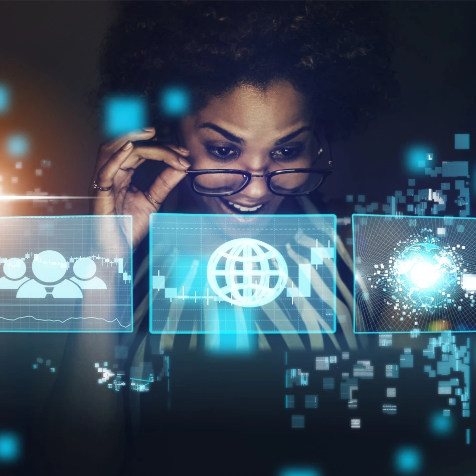 Header graphic for an EM360Tech article titled “What Is the Digital Divide Today?” with the subtitle “We explain what the digital divide means today and why digital participation now matters as much as internet access.” The image shows a woman looking through glowing blue digital interface panels with icons for users, global connectivity and data, with the EM360 Enterprise Management 360 logo at the top.