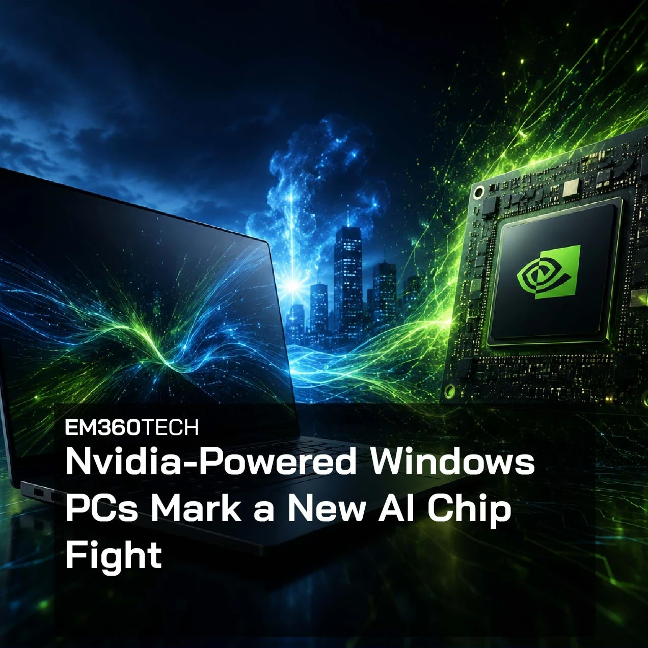 A black laptop with a blank screen sits on the left side of the image, while a large Nvidia-branded computer chip stands upright on the right. Bright green electrical streaks and glowing particles surround the chip, contrasting with blue light effects around the laptop. A dark city skyline with illuminated skyscrapers fills the background beneath a cloudy night sky. Large white text across the centre reads: "Nvidia-Powered Windows PCs Mark a New AI Chip Fight."