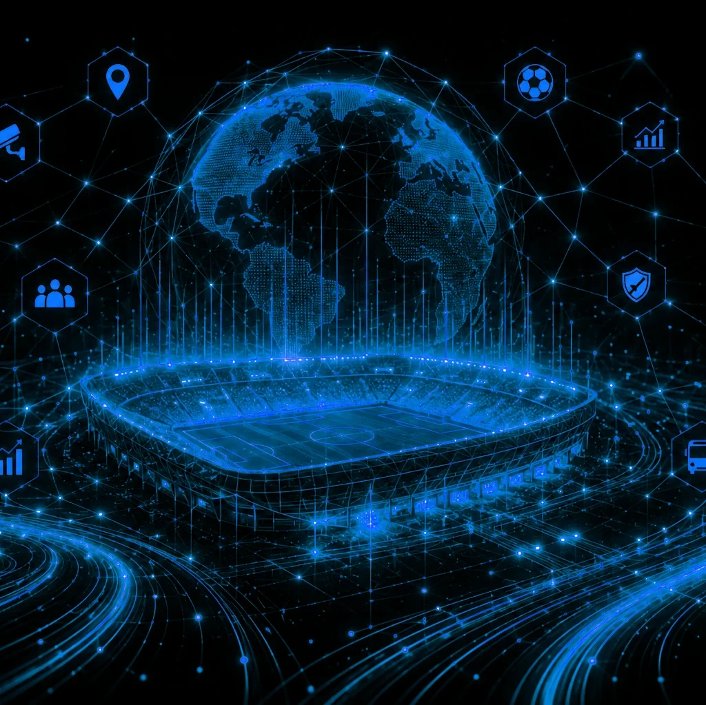 Digital illustration showing a glowing blue football stadium beneath a connected digital globe, surrounded by network lines and cybersecurity icons including shields, surveillance cameras, user groups, analytics charts and transport symbols. Large white text reads “10 FIFA World Cup Cybersecurity Tips” with a subtitle explaining how football fans can avoid scams, protect their accounts and stay safe online during the FIFA World Cup. The EM360 logo appears in the top right corner.