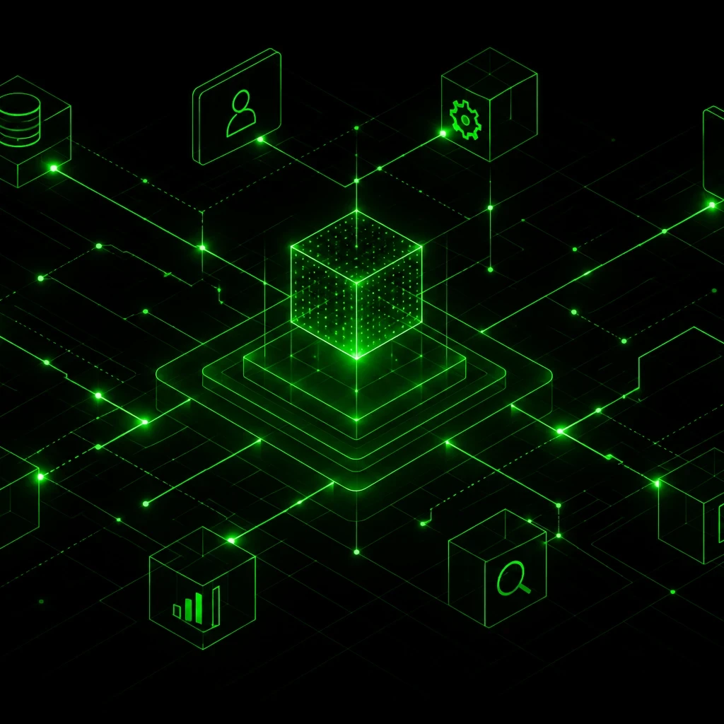 EM360Tech article header titled "AI Integration Is Becoming An Architecture Problem". The graphic features a black background with a glowing green network of interconnected nodes, data, identity, analytics, and document icons arranged around a central digital architecture structure, representing the growing role of enterprise architecture in AI adoption and integration. The subtitle reads: "We explore why AI adoption increasingly depends on enterprise architecture rather than AI capabilities alone."