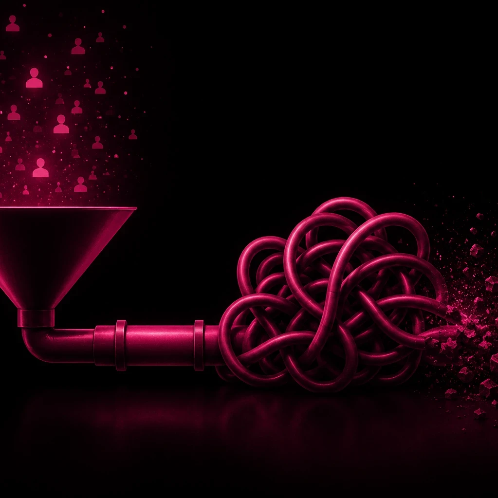 EM360Tech header graphic titled "The Hidden Cost Of Sending Sales Teams Unready Buyers" featuring a black background with deep dark magenta accents. On the left, buyer icons flow into a funnel connected to a pipeline that becomes tangled in the centre before breaking apart into fragments on the right, representing unready buyers creating bottlenecks and hidden costs within the sales pipeline. The EM360 logo appears in the top-right corner. 