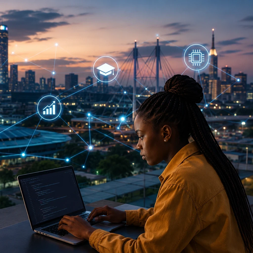 Header graphic for an EM360Tech article titled "Digital Skills in Africa: Can Infrastructure Investment Create Youth Opportunity?" showing a young woman working on a laptop overlooking a modern African city skyline at sunset, with digital network icons representing cloud computing, connectivity, education, technology skills and digital growth.