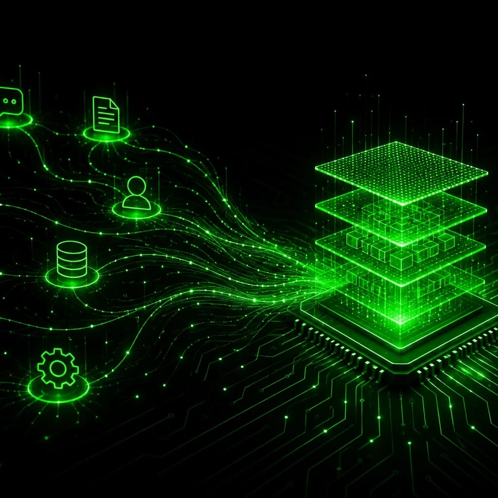 "EM360Tech header graphic with the title 'How AI Became Operational Infrastructure'. The subtitle reads: 'We look at how enterprise AI moved from isolated experiments into the platforms, workflows and systems businesses now rely on.' The design features a black background with glowing green data pathways connecting chat, document, database, and workflow icons. On the right, a layered digital platform stack rises from a computer chip, representing enterprise AI infrastructure. The EM360 Enterprise Management