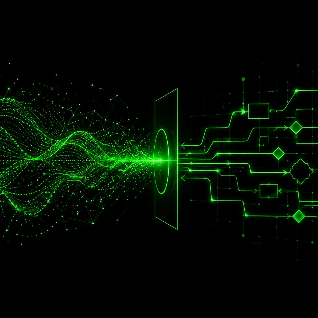 EM360Tech header graphic titled "Probabilistic AI Systems in Deterministic Workflows". The background features a black backdrop with bright green abstract data waves flowing into structured workflow diagrams and circuit-like pathways, symbolising probabilistic AI transitioning into deterministic enterprise processes. The subtitle reads: "We explain why probabilistic AI systems require deterministic controls to keep enterprise workflows reliable, governed and safe to scale." The EM360Tech logo appears in the
