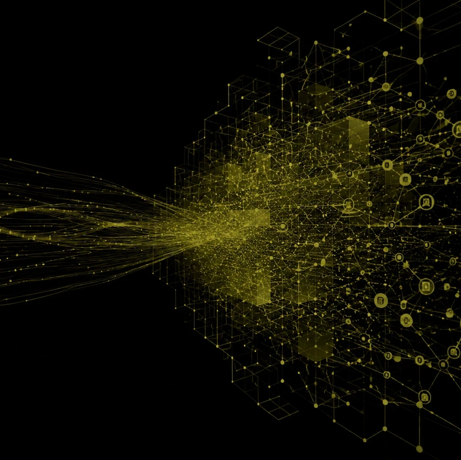 EM360Tech graphic titled "Comprehension Risk And The Limits Of Abstraction". The image shows a complex network of interconnected digital systems, data nodes, and abstract infrastructure elements in olive tones against a black background, illustrating how modern organisations rely on increasingly layered and interconnected technology. Accompanying text states that understanding how critical systems connect is becoming a strategic capability.