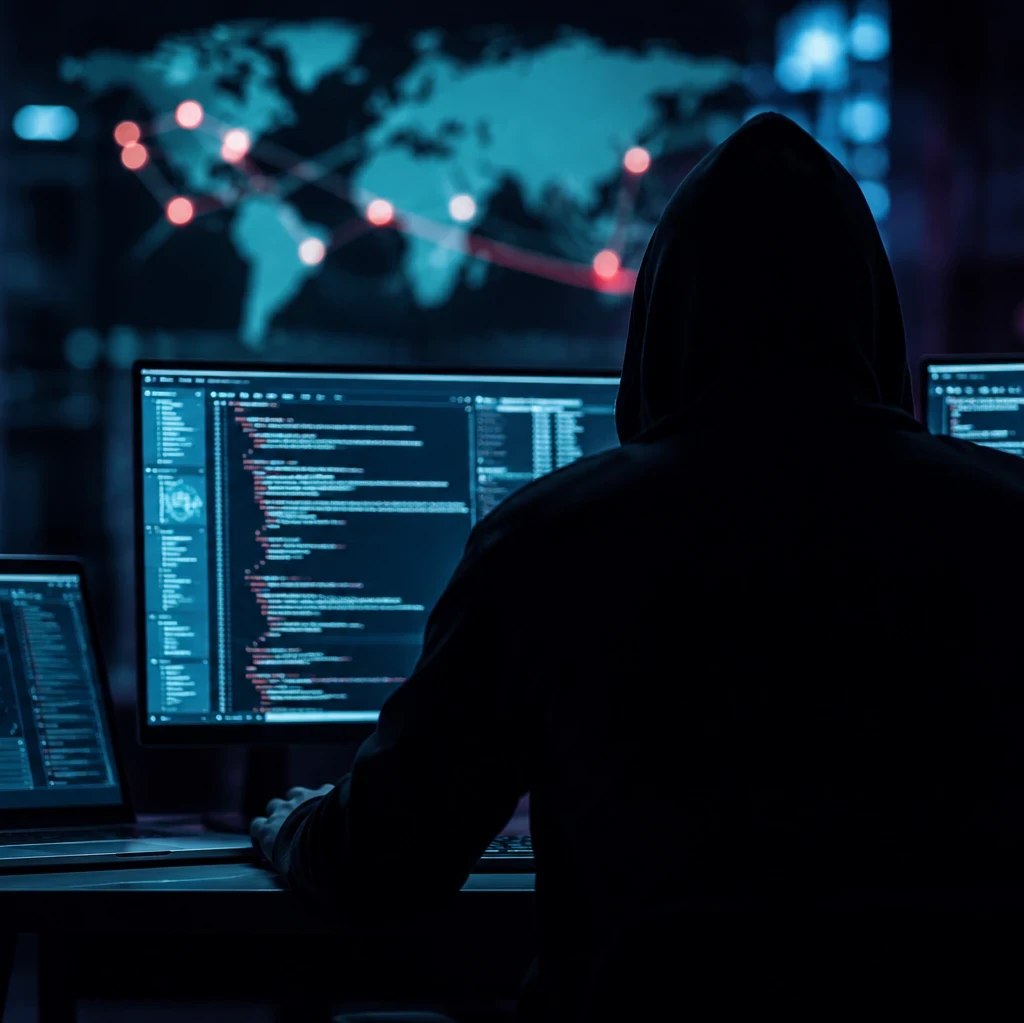 EM360Tech header graphic showing a hooded figure seated at multiple computer monitors displaying code and a world map with connected network nodes, representing cybersecurity and AI security testing. Overlay text reads: "EM360TECH Claude AI Breached Three Companies After Cybersecurity Tests Reached the Open Internet."