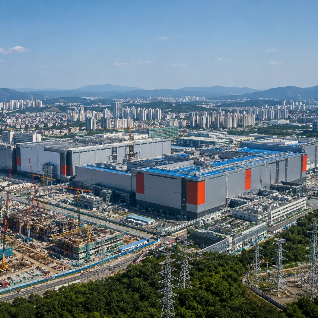 Aerial view of a large South Korean semiconductor manufacturing complex, with the headline “South Korea Sets Record 2027 Budget as AI Chip Boom Lifts Tax Revenue.”