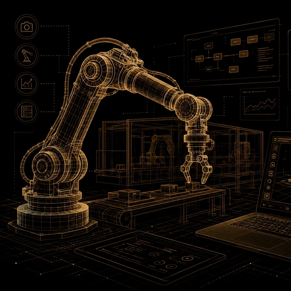 Header graphic for an EM360Tech article titled Robotics Programming for Enterprise. A gold wireframe industrial robotic arm dominates a black background filled with robot control interfaces, programming dashboards, flowcharts and code displays. The subtitle reads: "We explain how enterprises programme, test and control robots as development tools become easier to use and operational systems grow more complex." The EM360Tech logo appears in the top right corner. 
