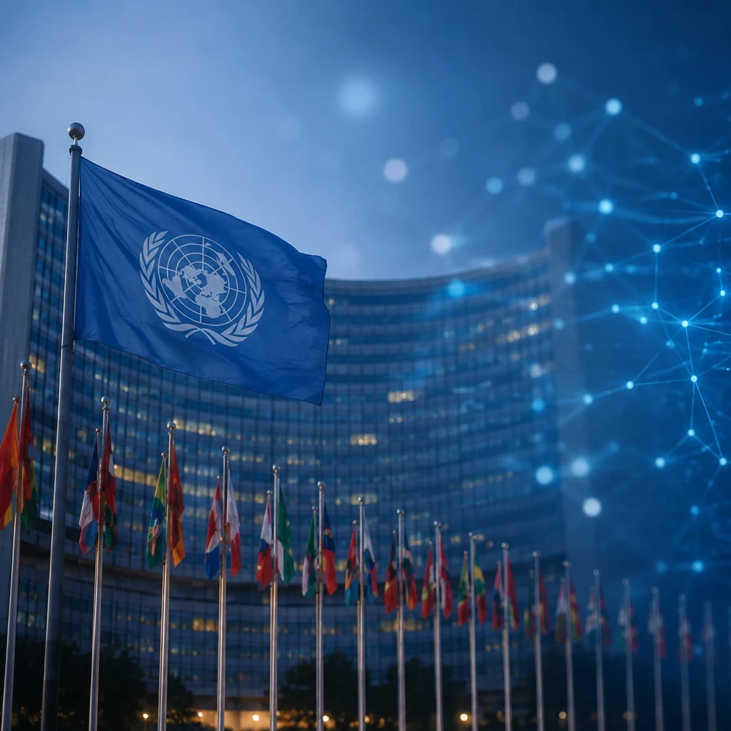 UN headquarters building with a United Nations flag in the foreground and a glowing digital AI network visualisation overlaid against a blue background, illustrating global concerns about artificial intelligence governance and regulation. Visible text reads: "EM360TECH UN Chief Warns AI Is Outpacing Global Rules". 