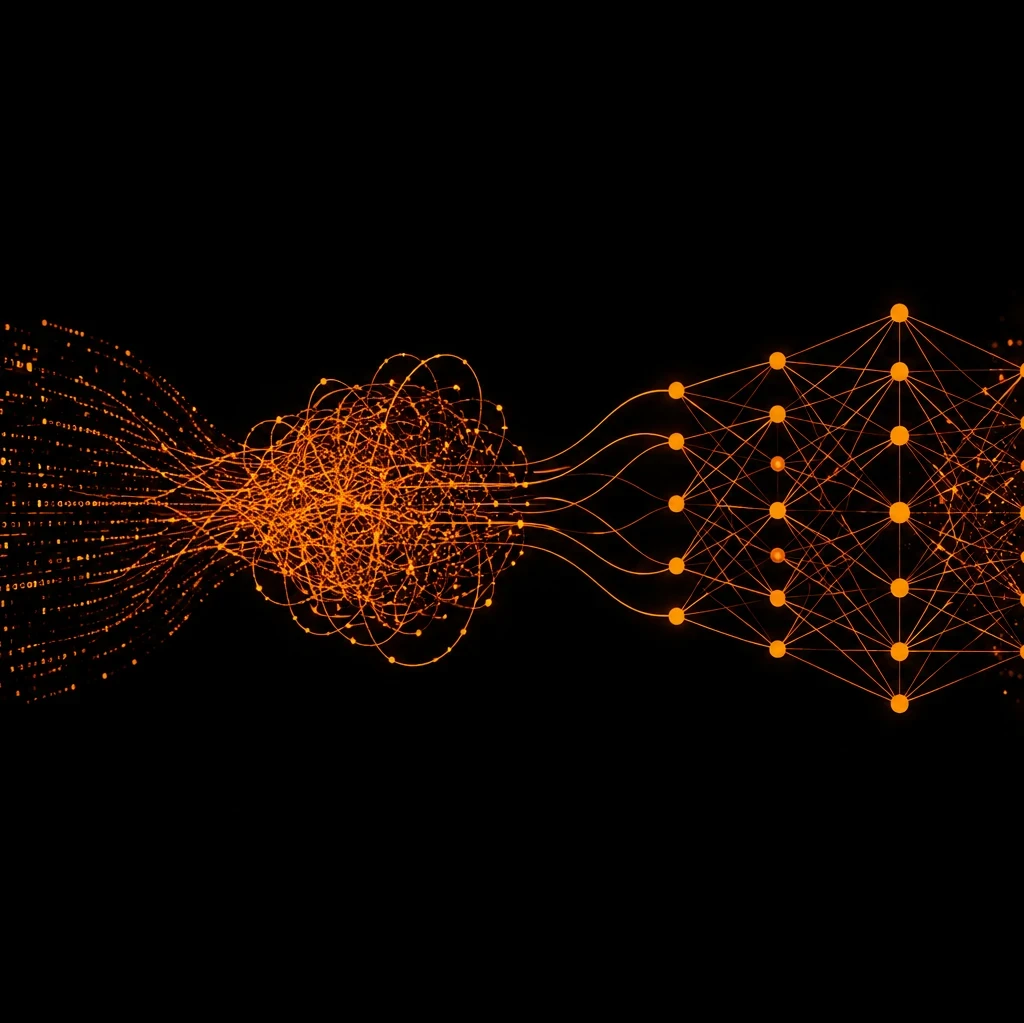 Header graphic with a black background showing orange data streams flowing into a tangled cluster before connecting to a structured AI neural network. Overlaid text reads: "Poor Data Quality Cost in Enterprise AI" and "We show how poor data quality creates hidden costs across enterprise AI systems, workflows and business decisions." EM360 logo appears in the top-right corner.