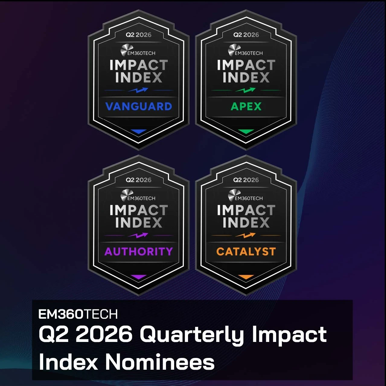 EM360Tech Q2 2026 Quarterly Impact Index nominees announcement graphic featuring four award badges for Vanguard, Apex, Catalyst, and Authority. The badges appear across the top of a dark blue and purple gradient background, with each category highlighted in its own colour. Large white text at the bottom reads: "EM360TECH Q2 2026 Quarterly Impact Index Nominees".