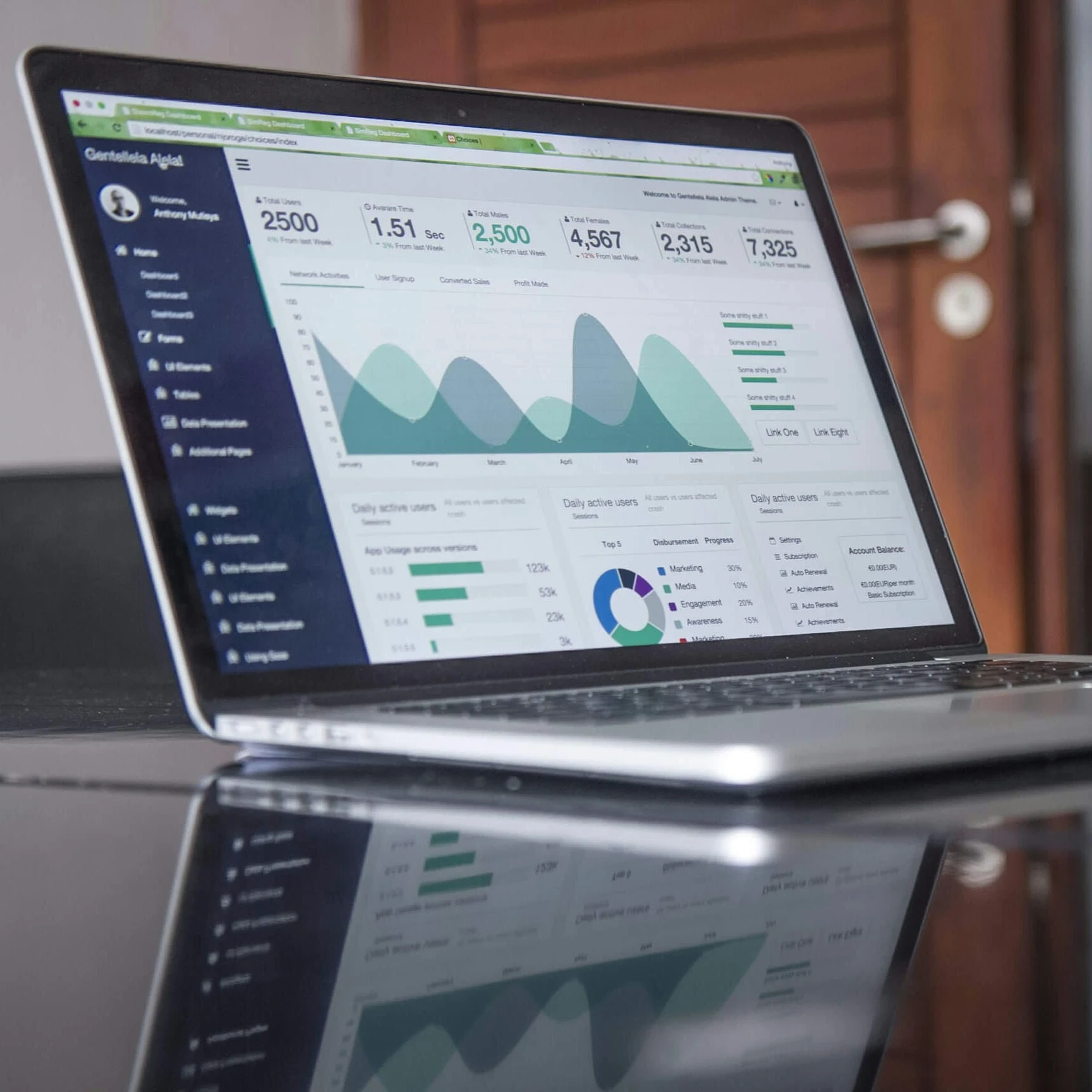 Apple laptop on a reflective glass table with a dashboard on the screen.