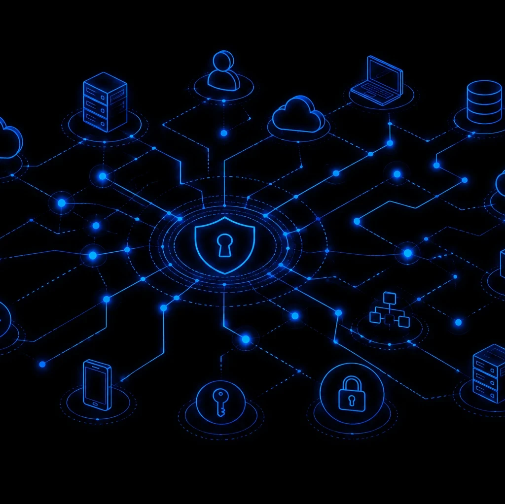A black cybersecurity complexity graphic showing a glowing blue security shield connected to cloud services, servers, databases, identities, devices and applications through a web of interconnected attack paths.