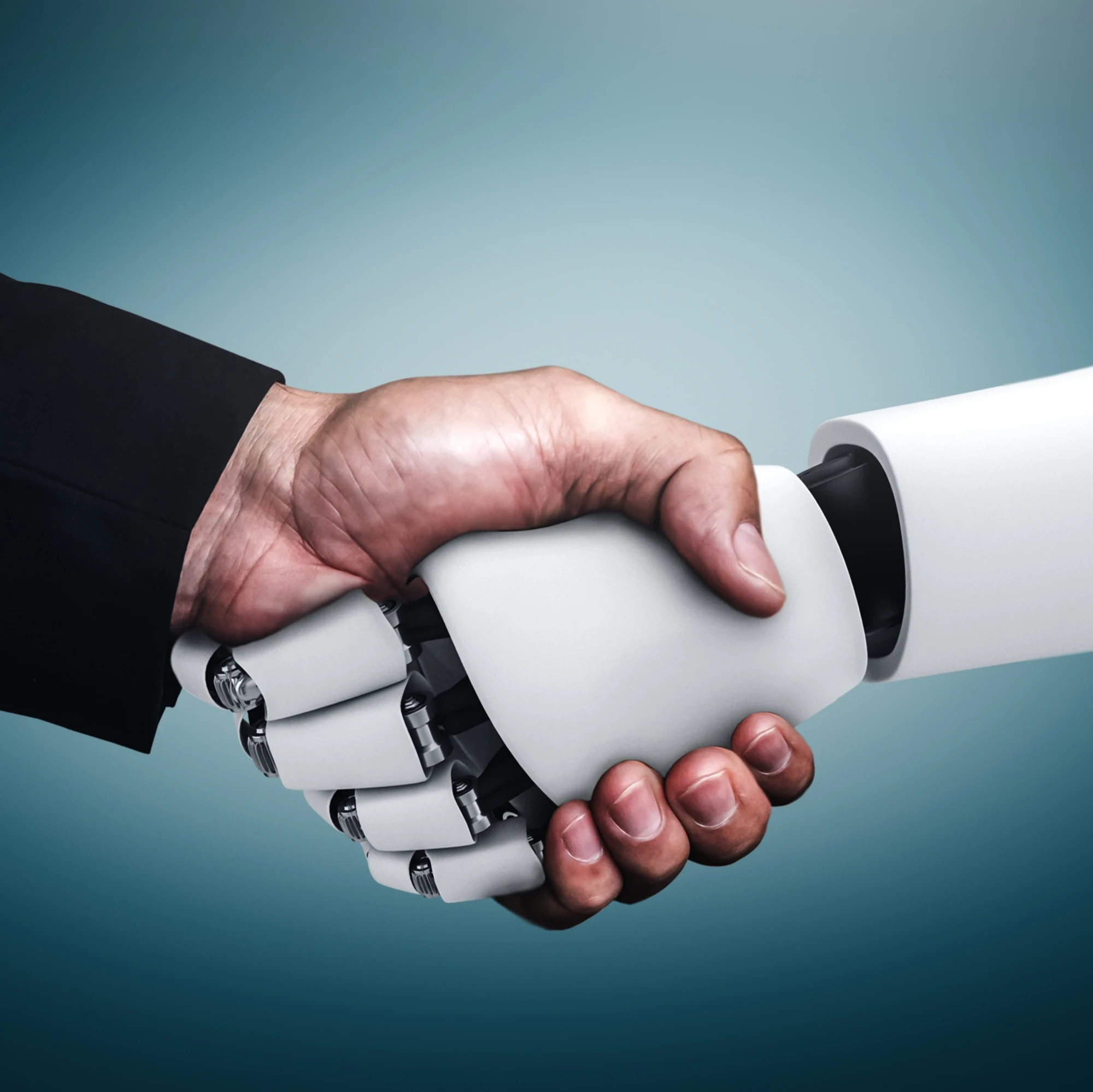 Image of an android shaking hands with a person on a blue background.