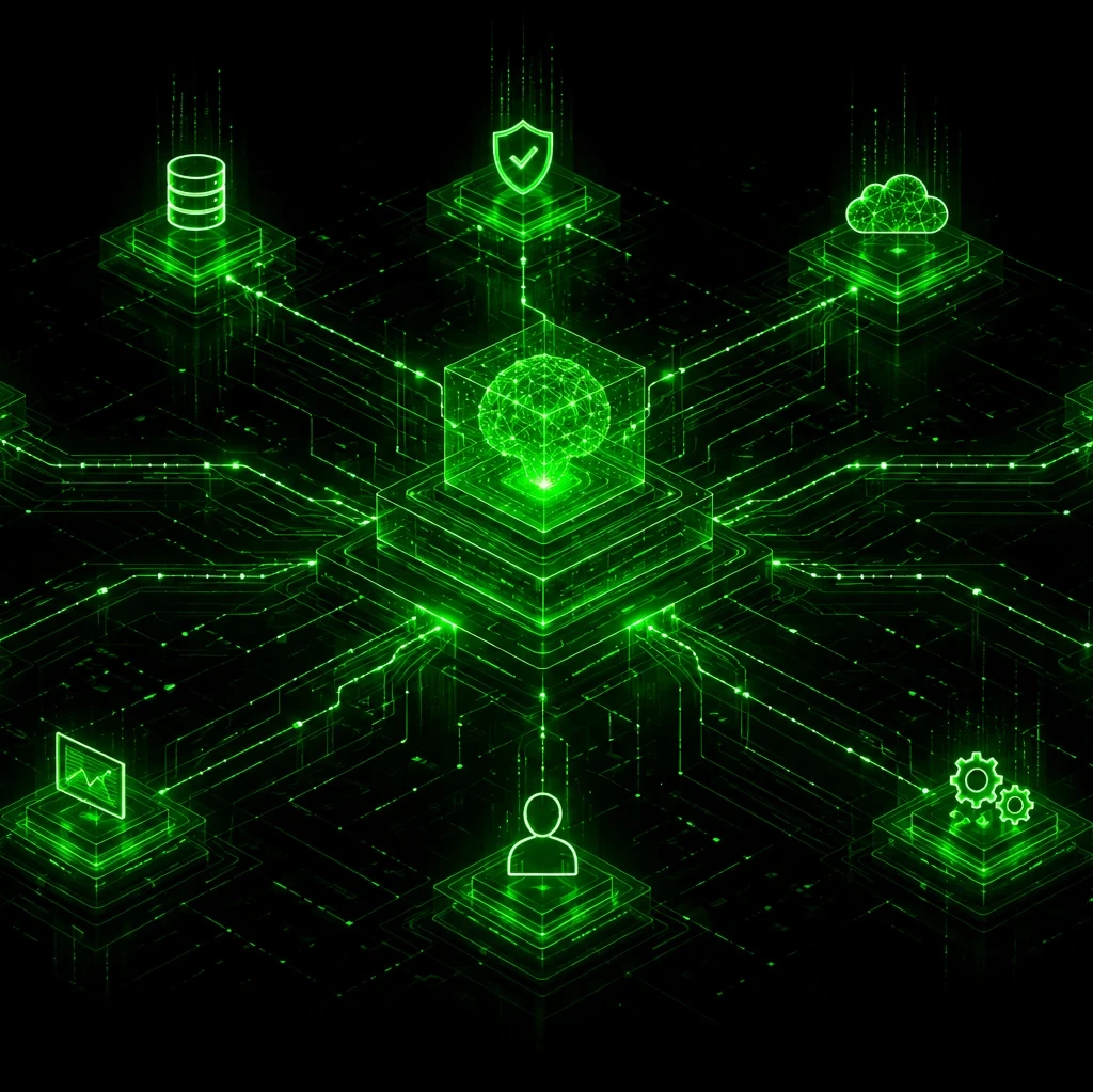 EM360Tech graphic titled “AI Is Making the Enterprise Stack Autonomous.” A glowing green digital network on a black background connects a central AI-like processing hub to databases, security, cloud, analytics, automation, users and other enterprise systems. Subtitle reads: “We look at how enterprise AI is changing system behaviour, operational authority, and the role of IT teams.”