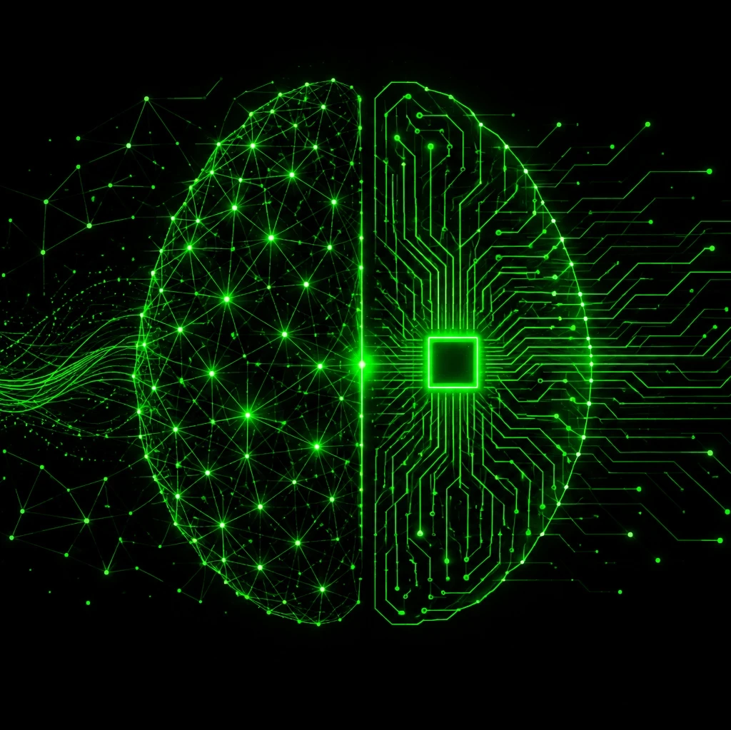 EM360Tech graphic titled “Artificial General Intelligence for Enterprises”, showing a glowing green brain on a black background. The left half is formed from interconnected neural nodes, while the right resembles electronic circuitry. Text reads: “We look beyond AGI predictions to what changing AI capabilities actually mean for enterprise leaders.”