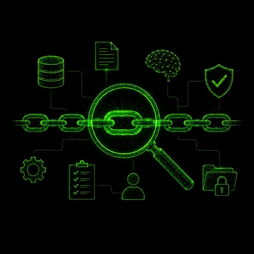 Black EM360Tech graphic titled “AI Explainability and Auditability Gaps”. Neon green line-art illustrations show a database, document, AI brain, security shield, connected chain links, checklist and locked files around a central circular network. The subtitle reads: “We look at why AI explainability alone can't support enterprise accountability, and what organisations need to make AI decisions auditable.”