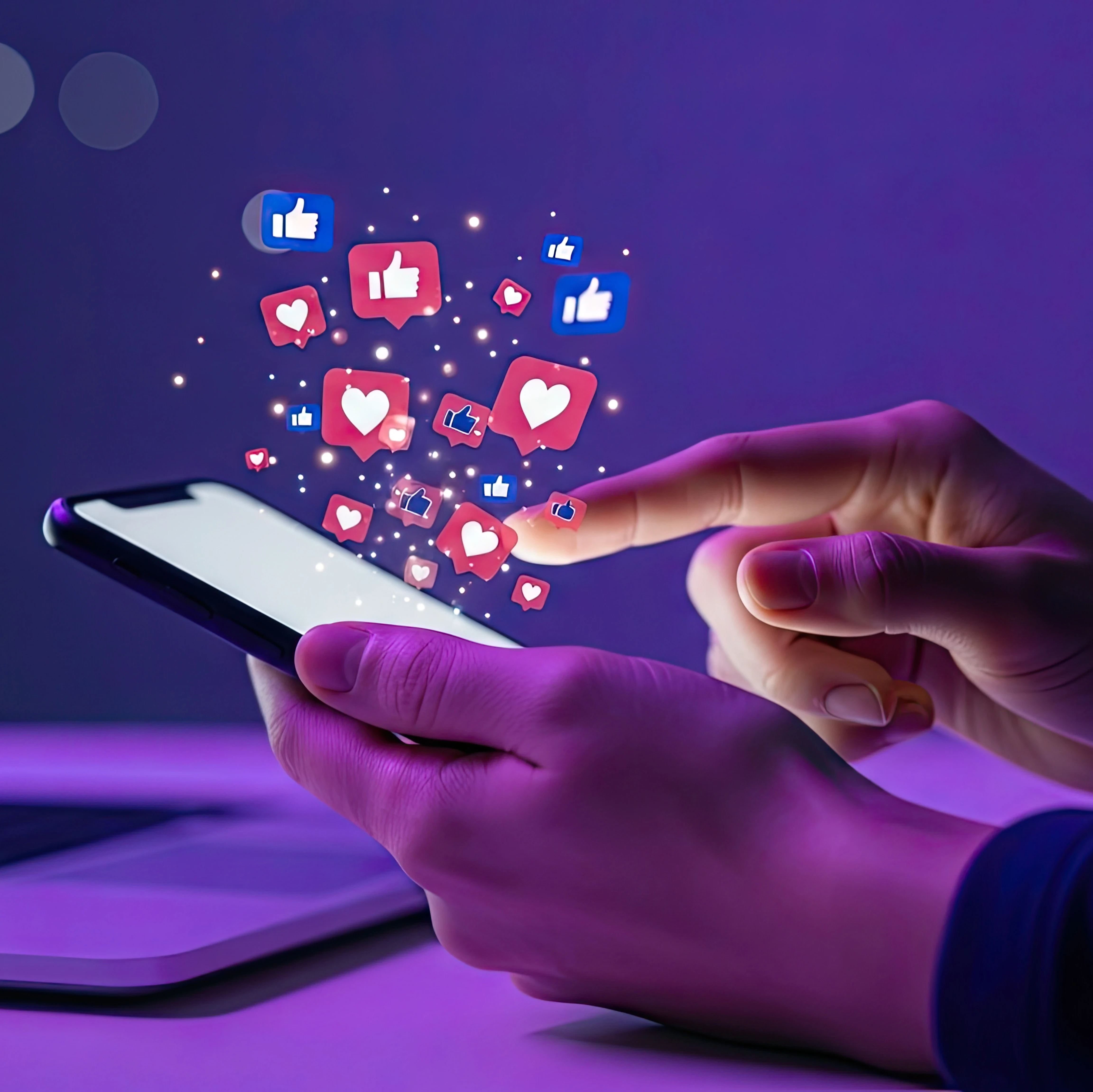social media engagement, image of hands holding iphone with like buttons emerging out of top