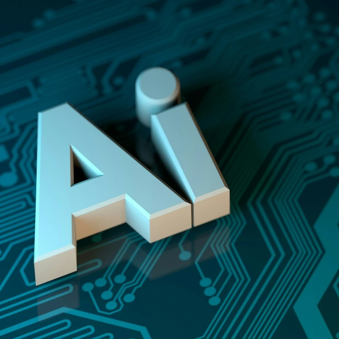 The letters "AI" in silver on a teal circuit board background.