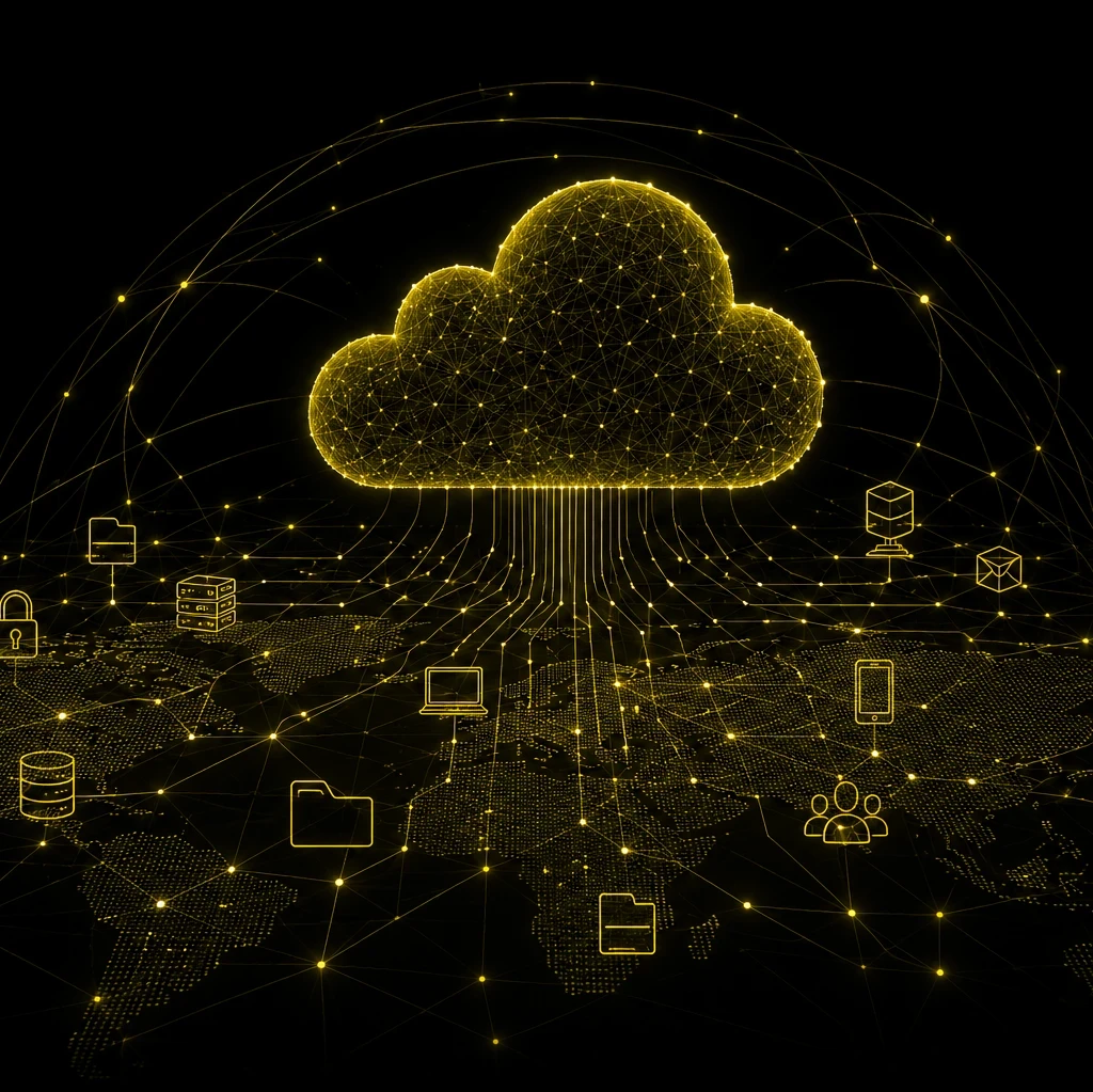A black-and-olive EM360Tech header graphic showing a large glowing digital cloud made from interconnected network lines above a dotted world map. Connected icons for servers, databases, security, devices, users and global networking appear across the map. White text reads: “Top 10 Cloud Computing Services for Enterprises” and “We compare 10 leading cloud computing services to help enterprises find the right fit for their workloads, infrastructure, AI needs and cloud strategy.” The EM360 Enterprise Managemen