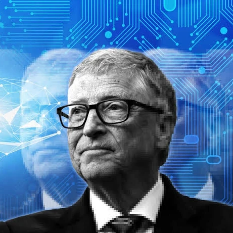 Bill Gates against a blue background alongside circuitry and a mind map.