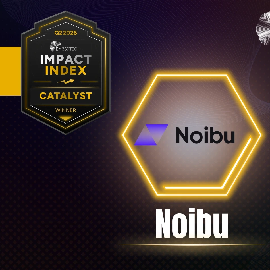 EM360Tech Q2 2026 Impact Index Catalyst Winner graphic featuring the Catalyst Winner award badge, a glowing gold hexagon containing the Noibu logo, and the company name "Noibu" displayed prominently against a dark branded background with the EM360Tech logo in the top right.