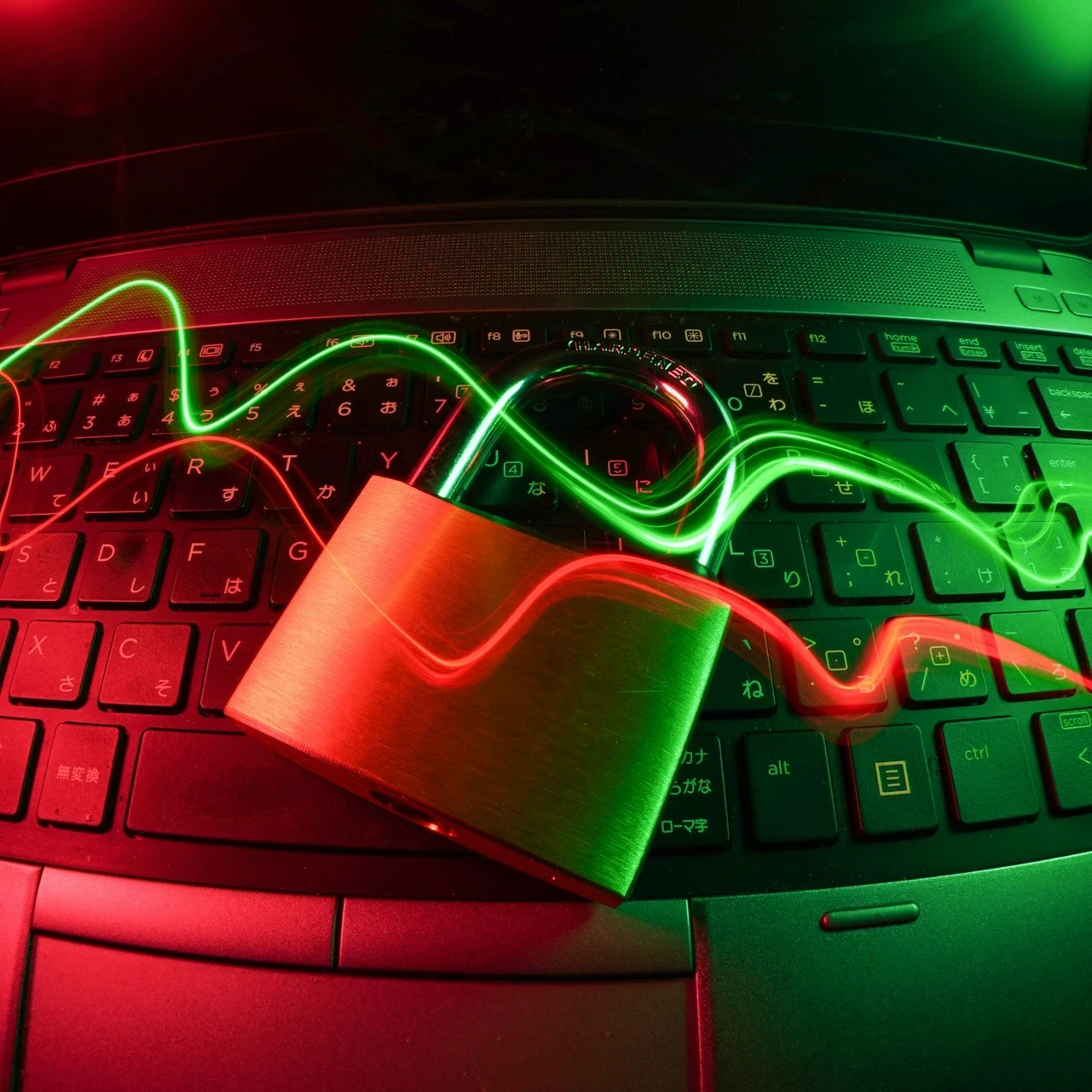 Image depicting a gold lock on a computer keyboard with streams of green and red neon light.