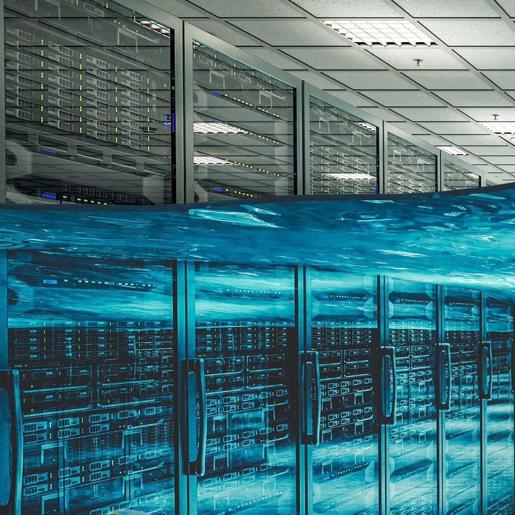 Depiction of a data centre under water.