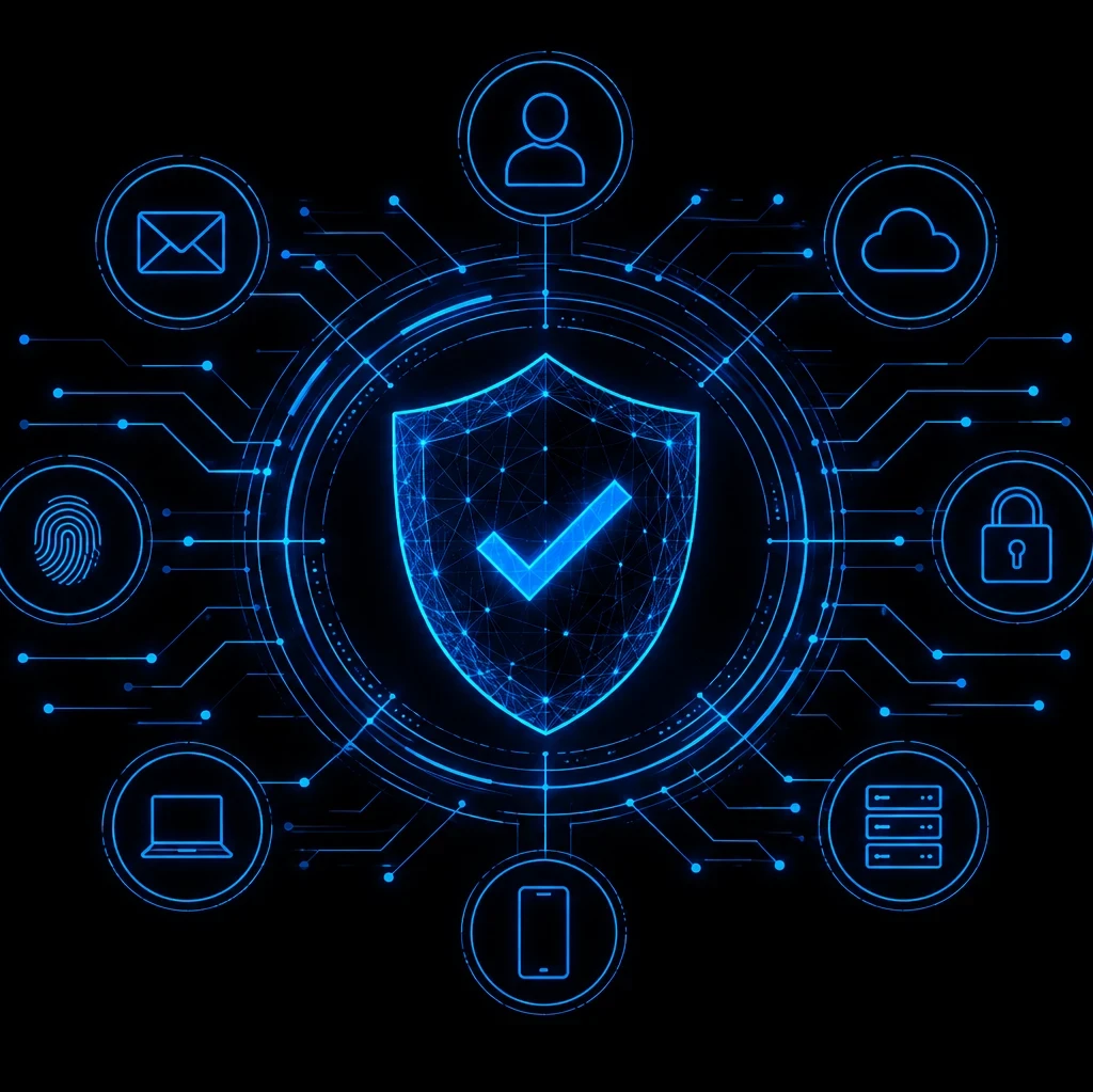 A black-and-blue cybersecurity graphic with a glowing digital shield at the centre, surrounded by connected security icons for email, user identity, cloud services, fingerprint authentication, device access, passwords and servers. Large white text reads “Trusted Signals Are The New Enterprise Security Risk,” with supporting text explaining that attackers are getting better at looking like trusted people and systems, making the usual warning signs harder to recognise. The EM360 logo appears at the upper righ